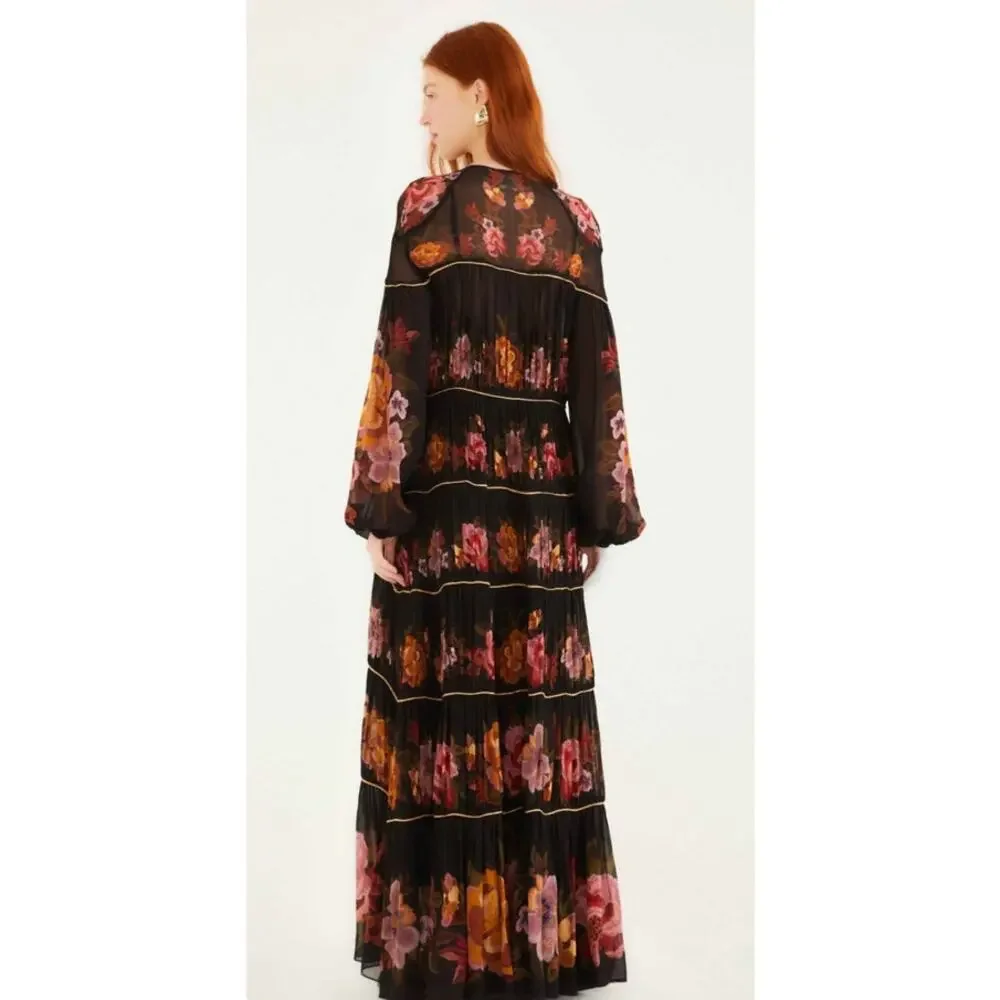 NWOT: FARM Rio Black Chenille Flowers Long Sleeve Midi Dress Size S - Picture 5 of 8